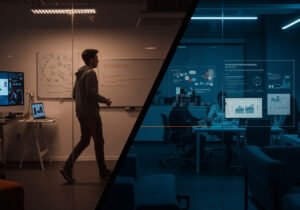 Jeune en Bachelor Webmarketing alternant entre salle de cours et environnement d’entreprise