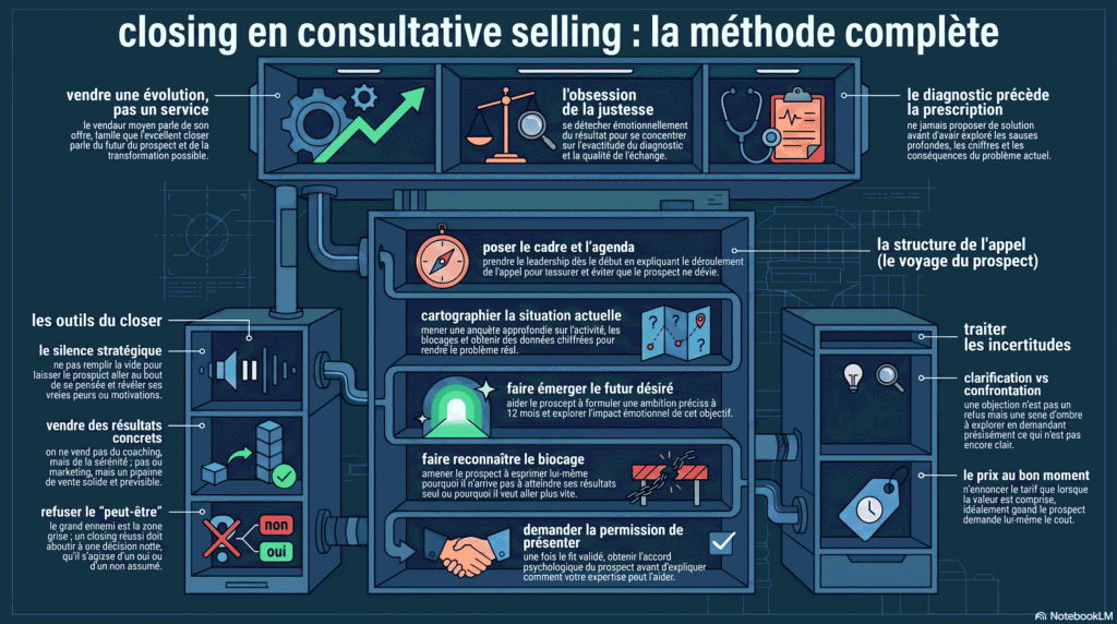 Vente consultative et closing : créer la séparation entre présent et futur Le cœur de la méthode repose sur un principe fondamental : créer de la séparation. Un prospect arrive rarement sur un appel avec une pensée parfaitement structurée. Il ressent une tension, une frustration, un désir de mieux, mais tout cela reste souvent mélangé. Il sait que quelque chose manque, sans pouvoir toujours l’exprimer avec précision. La mission du commercial consiste alors à faire apparaître deux réalités distinctes.
