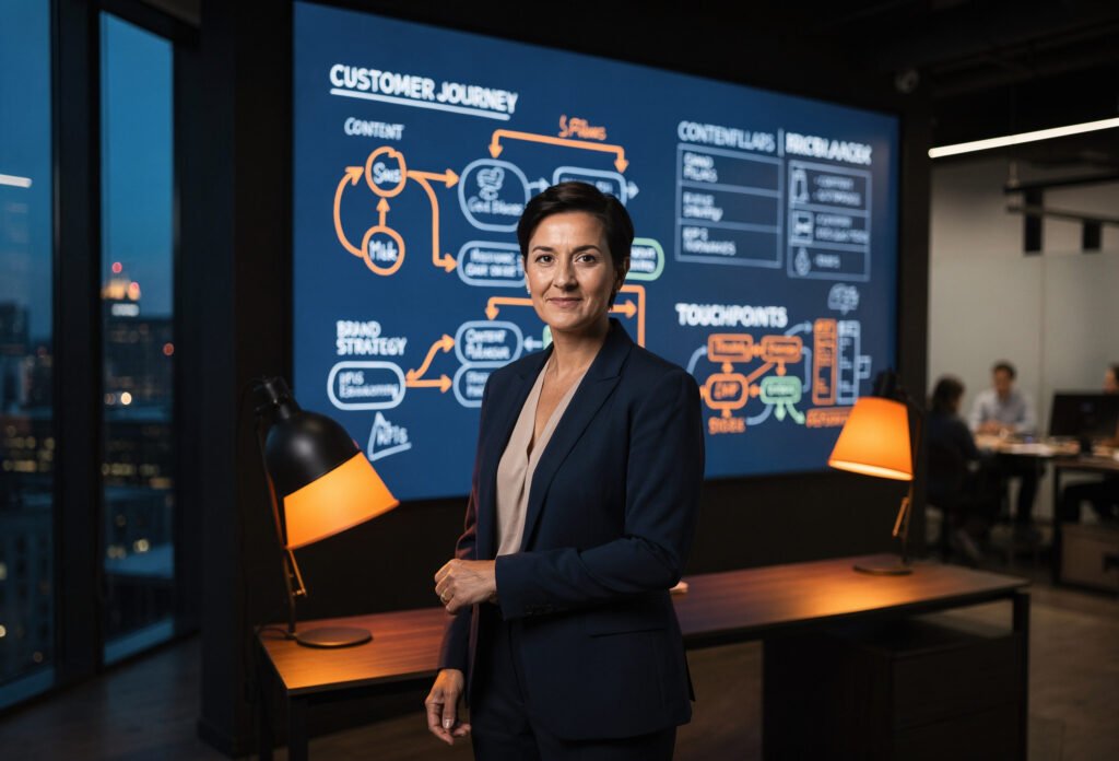Responsable marketing debout devant un tableau de plan de communication structuré