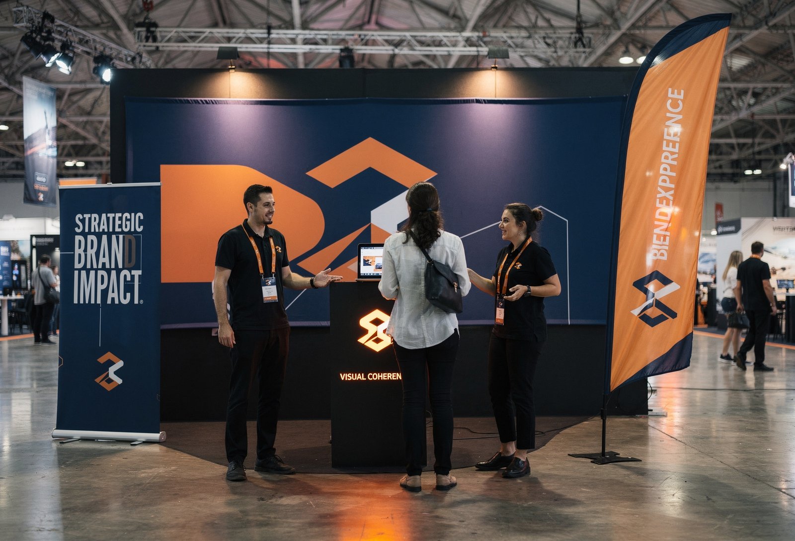 Stand professionnel avec banderole publicitaire et kakemono dans un plan de communication événementiel