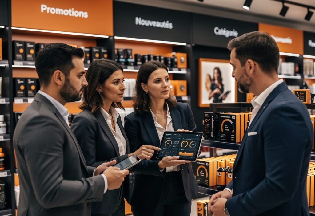 Agence de merchandising analysant une implantation produit en magasin avec PLV, facing, données de vente et équipe marketing.