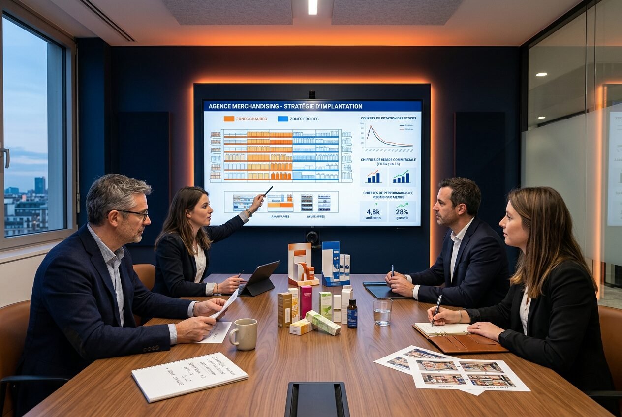 Agence de merchandising construisant une stratégie d’implantation magasin avec planogramme, analyse rayon et indicateurs commerciaux.