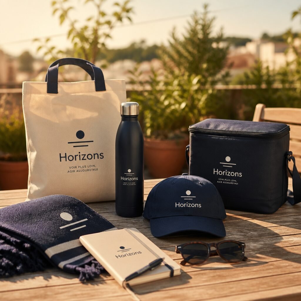 objets publicitaires utilisés dans une campagne marketing estivale avec tote bag, gourde et serviette personnalisés